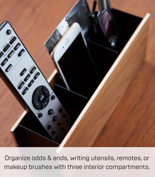 Yamazaki Home Rin Desk Organizer - Tv Remote Control and Pen Holder - Small - Steel + Wood