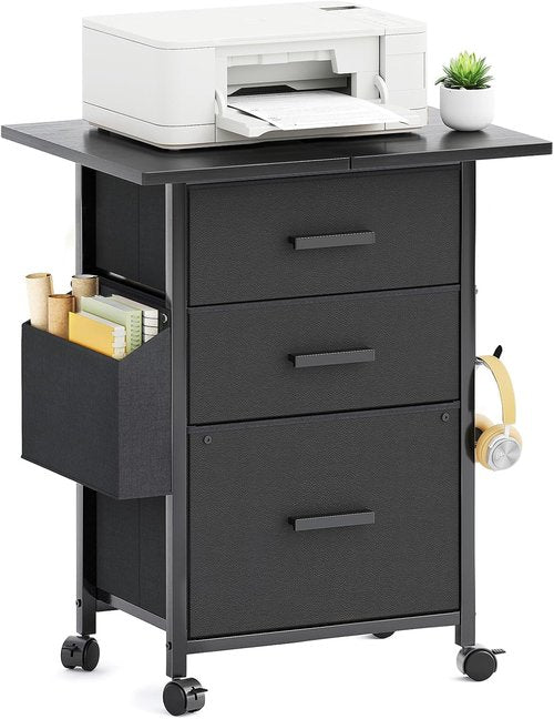 Mexin 3 Drawer File Cabinet - Mobile Printer Stand with 24'' Extended Desktop | Black, A4 Size, Home Office