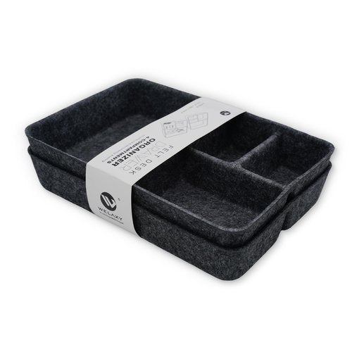 Welaxy 2-piece Junk Drawer Organizer bin 4 Compartments Office home dorm 2 dividers Felt Trays Drawers Multi-Purpose Storage Back to School (Charcoal x 2)