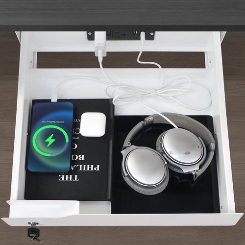 Lumil Under Desk Mounted Drawer Lockable with Charging Station Power Strip and Foldable Cable Management Arm for Office Desk 15.7" (W) x 15.7" (D) x 4.4" (H), White