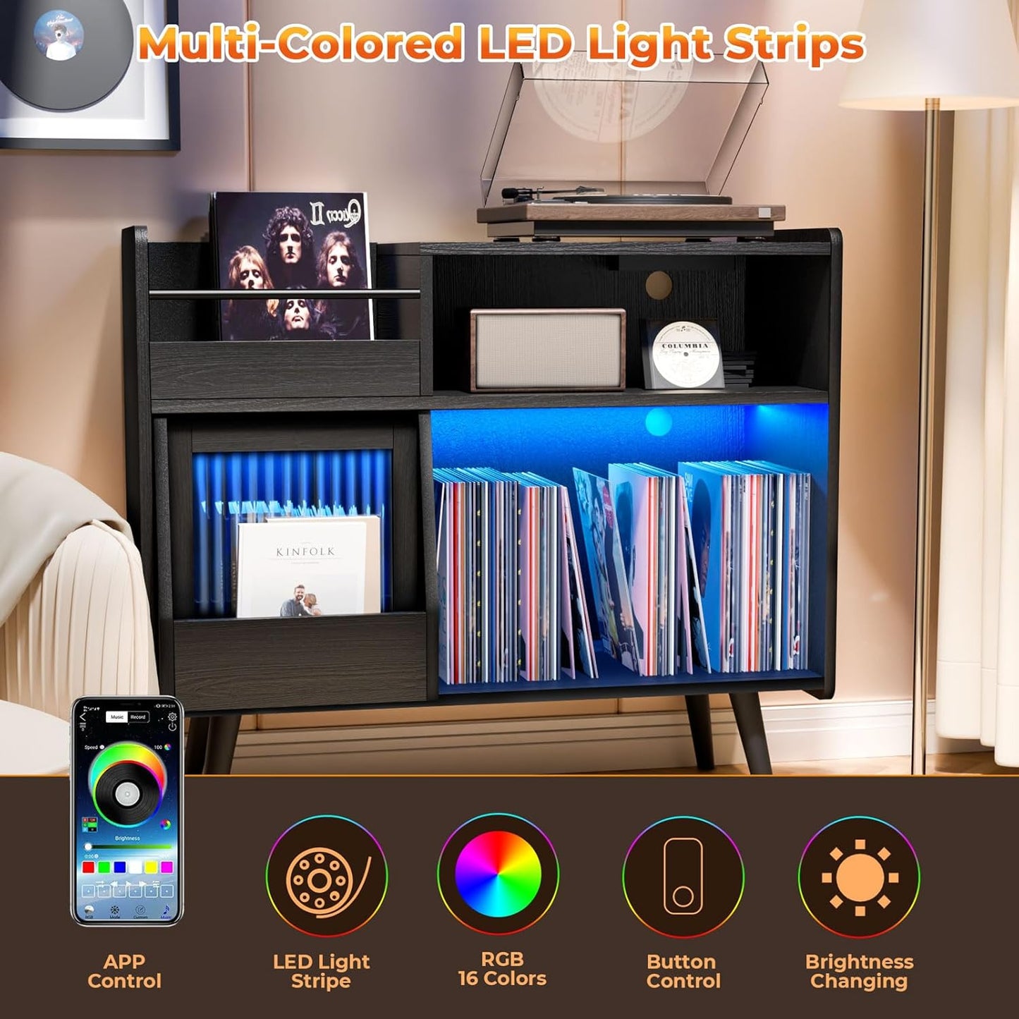 Skiennix Large Record Player Stand - 350 Vinyl Storage Cabinet with Power Outlet & LED Light | Stylish Wood Legs for Living Room, Bedroom, Office
