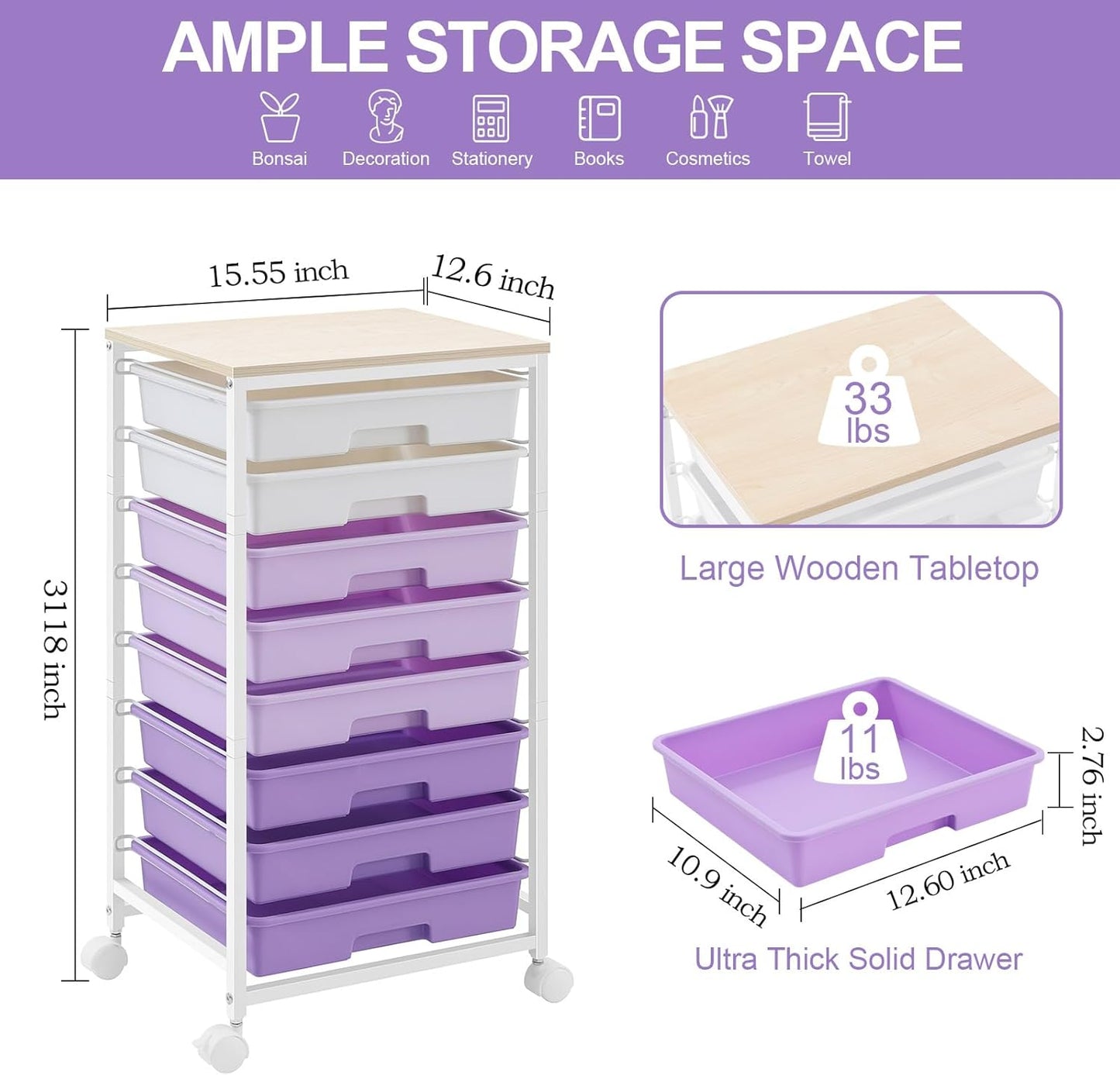 SYKIARIOL Rolling Utility Cart - 8 Drawer Storage with Wooden Tabletop for Home & Office | Purple
