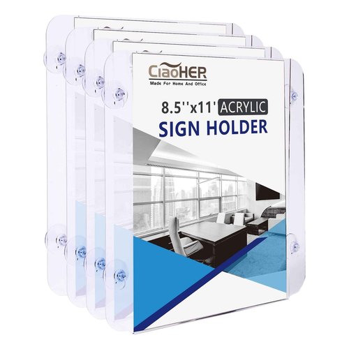 CiaoHER Acrylic Sign Holder 8.5 x 11, Clear Acrylic Frames Glass Window Wall Mount Advertising Signage Sign Holder with 4 Suction Cups for Mall, Office, Home, Restaurant, Vertical （4 Pack）