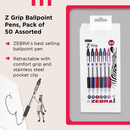 ZEBRA Z GRIP Assorted Ballpoint Pens, Retractable with Smooth Ink, Comfortable Grip and Pocket Clip Reliable Biro Medium Point 50 Pack 5 Assorted Colours