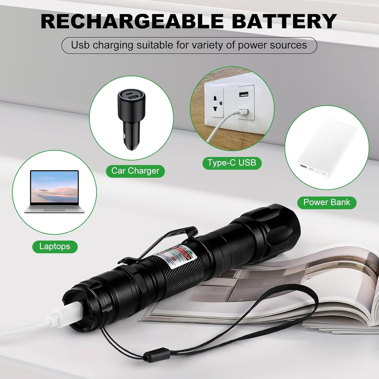 Skiennix Green Laser Pointer - High Power Tactical Long Range | Rechargeable & Adjustable Focus with Carrying Case