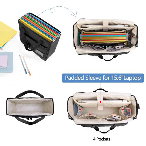 LoDrid File Tote Bag with Extra Document Organizer Case for Letter Size File Folders, Large Utility Bag with 15.6” Laptop Padded Sleeve for Work, Business, Black