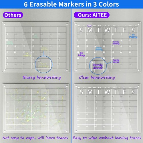 AITEE Acrylic Magnetic Dry Erase Board Set - Clear Refrigerator Calendar & Planner | 16"x12" with 6 Markers