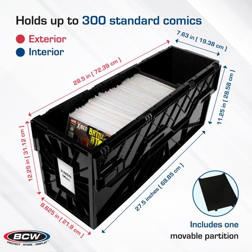 BCW Long Comic Book Bin - 1 Pack | Heavy Duty Comic Book Storage Box | Stackable Comic Bin Organizer for 300 Comics Each | Acid-Free Plastic Comic Book Box with Divider & Label Slot
