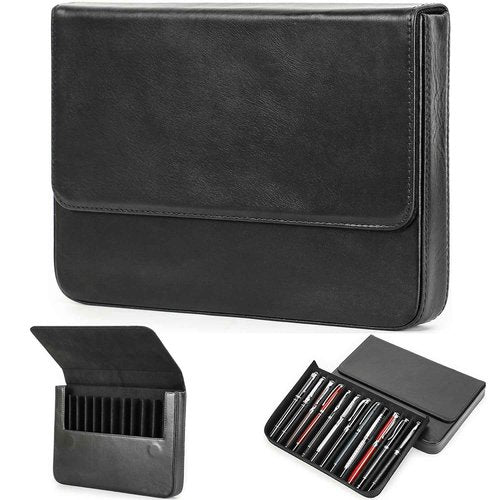 CataPurus Top Grain Genuine Leather 12 Pen/Pencil Tray Case Organizer, Solid Fashion Design No Logo, Handmade, Magnetic Closure with Drawer, Gift Choice for Man/Woman/Office, Glossy Black, 12 Slots