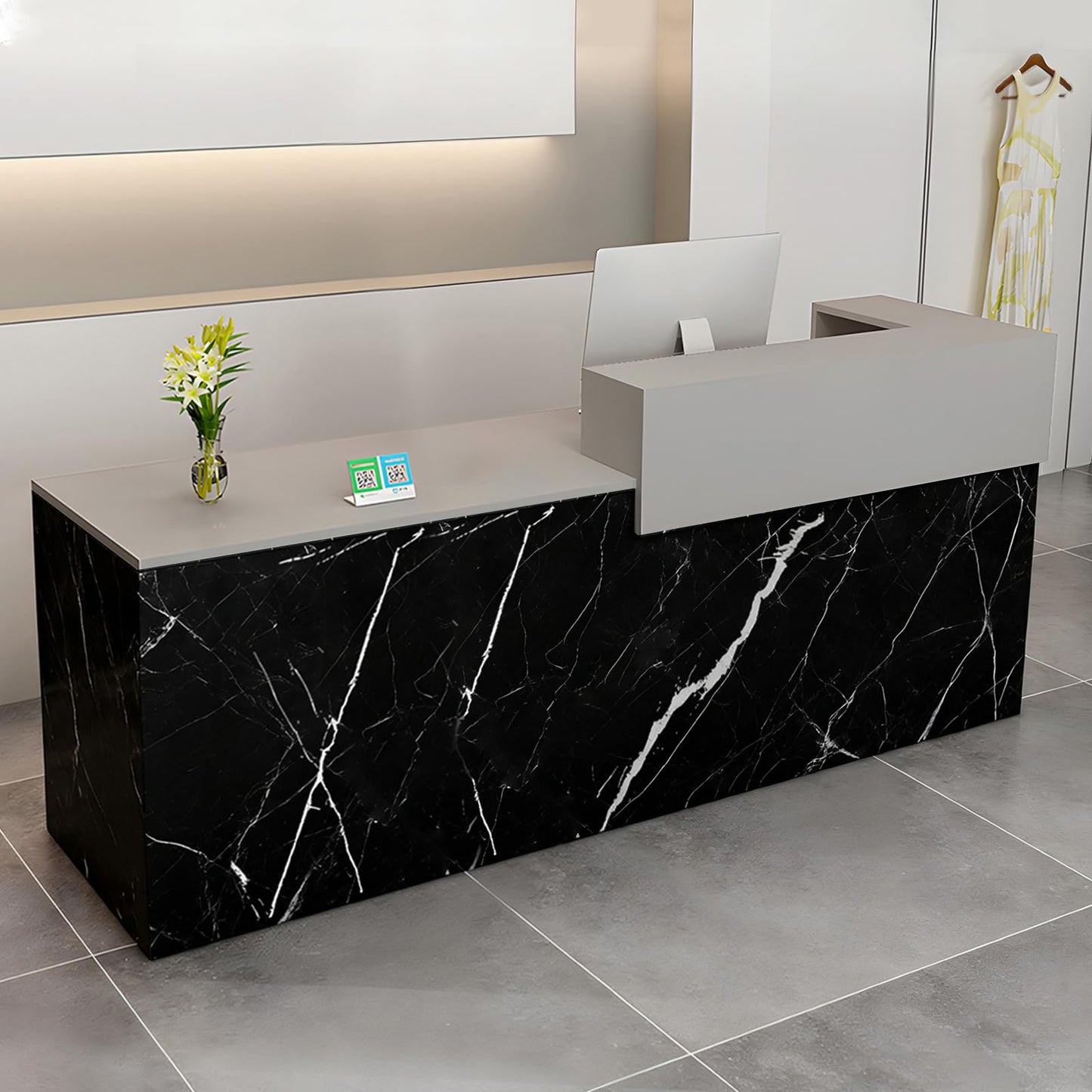 Modern Reception Desk with Drawer & Open Shelves, 39-95 Inch Front Counter Table, Computer Workstation Suitable for Salons, Offices, Lobbies, Retail Stores and Home Offices