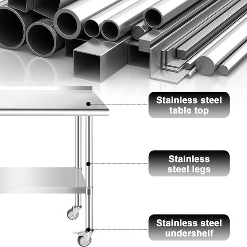 ERfairdeal 36 x 24 Inch Stainless Steel Table w/Backsplash, Commercial Work Table Prep Workstation with Galvanized Legs, Adjustable Undershelf and Wheels for Home Kitchen Restaurant Outdoor