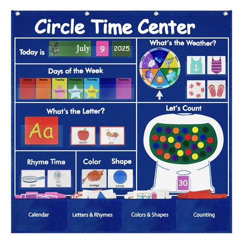 Klyrith Circle Time Learning Center Classroom Pocket Chart, Educational Teaching Materials with Cards for Preschool, Learning Calendar Weather Letter Rhyme Color Shape Counting Number etc, Blue