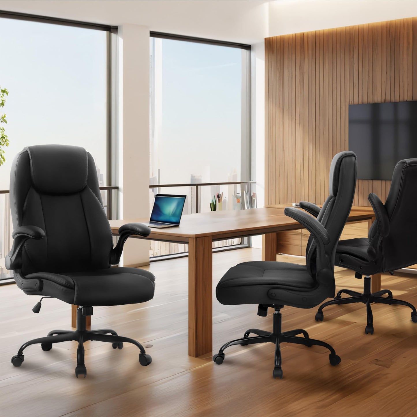 NEO Chair Ergonomic Office Chair PU Leather Executive Chair Padded Flip Up Armrest Computer Chair Adjustable Height High Back Lumbar Support Wheels Swivel for Gaming Desk Chair
