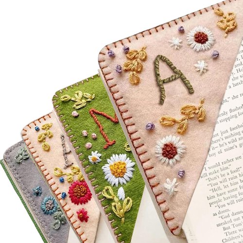 Personalized Hand Embroidered Corner Bookmark,Felt Triangle Page Stitched Handmade Bookmark,Unique Cute Flower Letter Embroidery Bookmarks Accessories for Book Lovers
