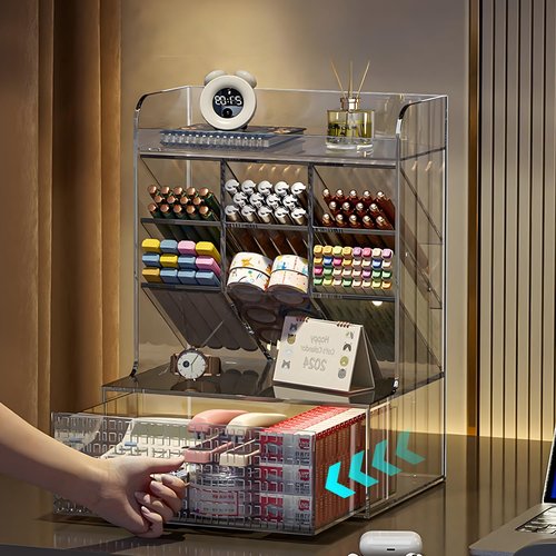 Clear Desk Organizer, Pen Storage Shelves with Drawers, Desk Accessories Holder,Makeup Brush Storage Organizer for Office School Home Supplies (Transparent Brown)