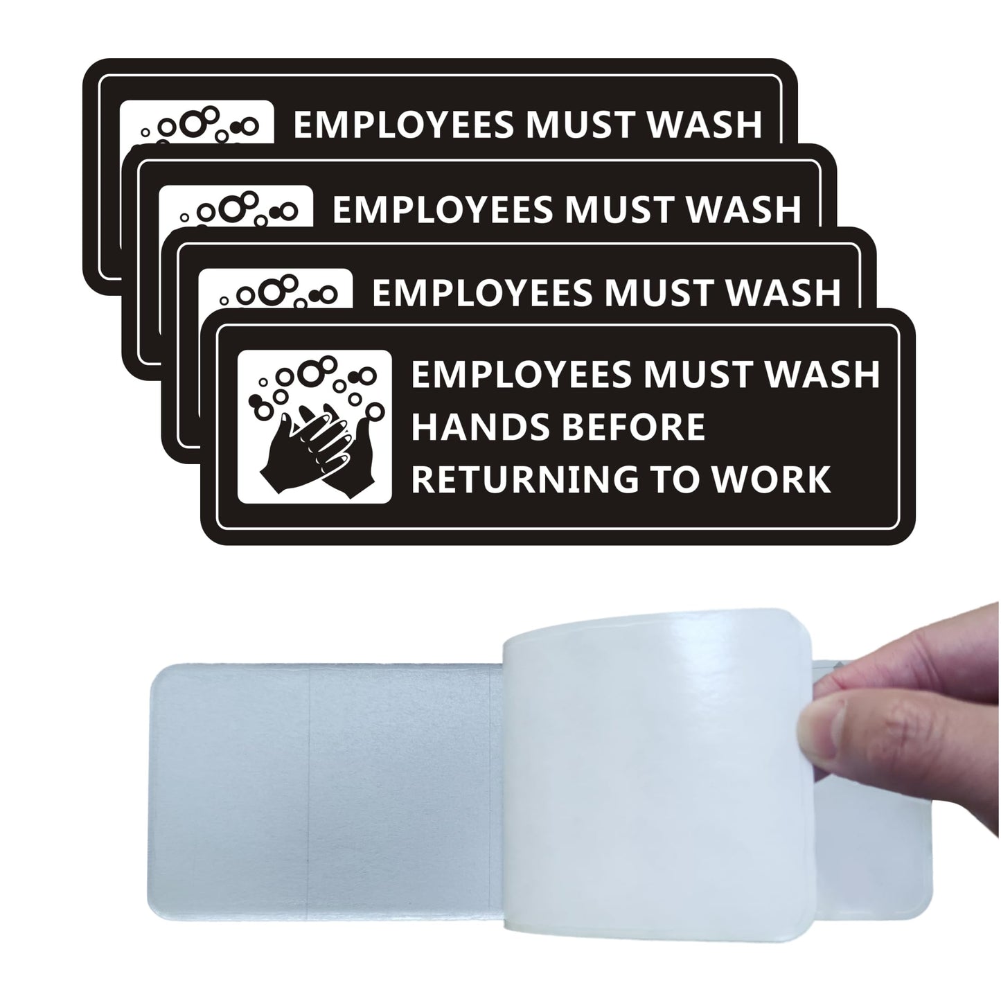 (4 Pack) Employees Must Wash Hands Sign, Self-Adhesive Metal Signage for Bathroom Office, Waterproof Aluminum Signs for Indoor Outdoor (9x3, Black)
