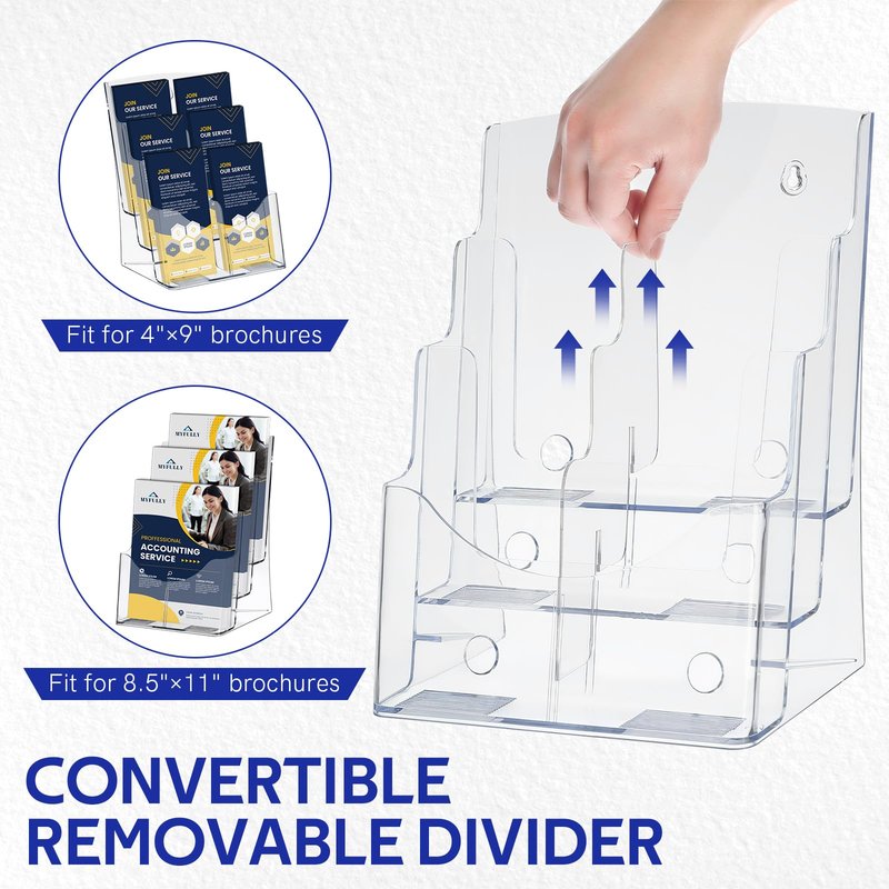 MYFULLY 3 Tier Acrylic Brochure Holder 8.5 x 11 Inch 2 Pack, Clear Literature Display Stand with Removable Divider for 4 x 9 Inch Pamphlets, Multi-Purpose Wall Mount or Countertop Organizer