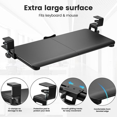 DQCGLY Keyboard Tray Under Desk, Slide Out Computer Keyboard & Mouse Tray with C Clamp-on Mount Easy to Install,30" W（Including Clamps） X 12" D Large Size,Black
