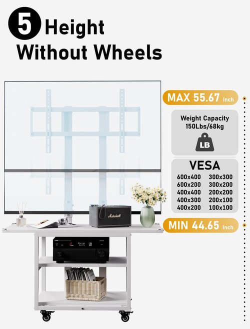 EZISE Portable Rolling TV Cart for 32-75 Inch LCD/LED/OLED TVs, TV Floor Stand on Silent Wheels with Storage Shelf, Height Adjustable Tall TV Stand for Bedroom, Living Room, Office