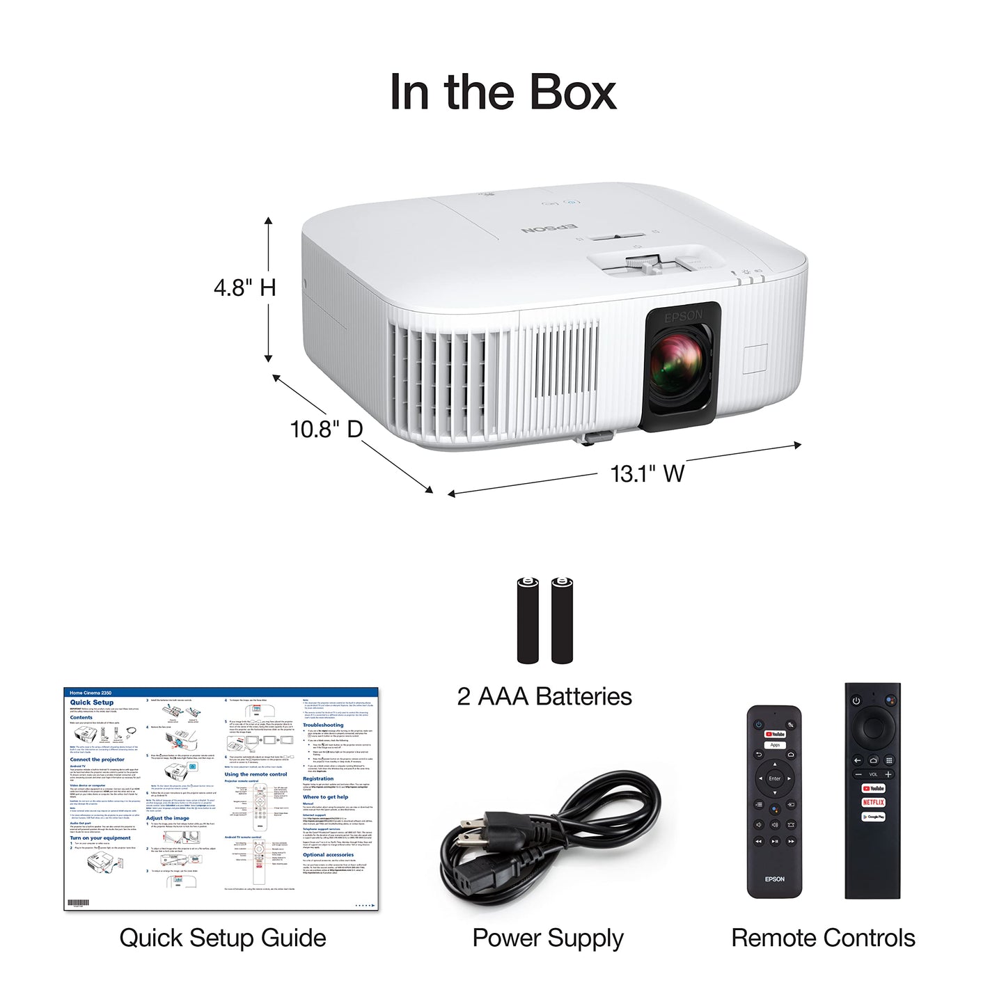 Epson Home Cinema 2350 4K PRO-UHD Smart Gaming Projector with Android TV, 3-Chip 3LCD, HDR10, HLG, 2,800 Lumens, Low Latency, 10 W Speaker, Bluetooth, Streaming Capability