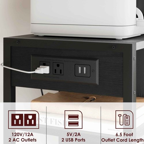 IDEALHOUSE Under Desk Printer Stand with Power Outlets and USB Charging Ports, Desktop Printer Table with Storage Shelf, 4 Tier Mobile Printer Stand with Wheels for Home Office, Rustic Black