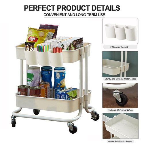 2-Tier Utility Rolling Cart Storage Sofa Side Table with Wheels, Mobile Trolley Organizer with for Office Home Kitchen Organization, Cream White