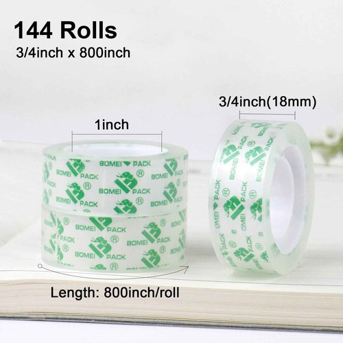 BOMEI PACK 144 Rolls Clear Tape Refills Transparent Tape,3/4 Inch x 800 Inch,Stationery Tape Rolls for Dispenser,Gift Wrapping Tape for Office,School and Home,1 Inch core,Easy Tear by Hand