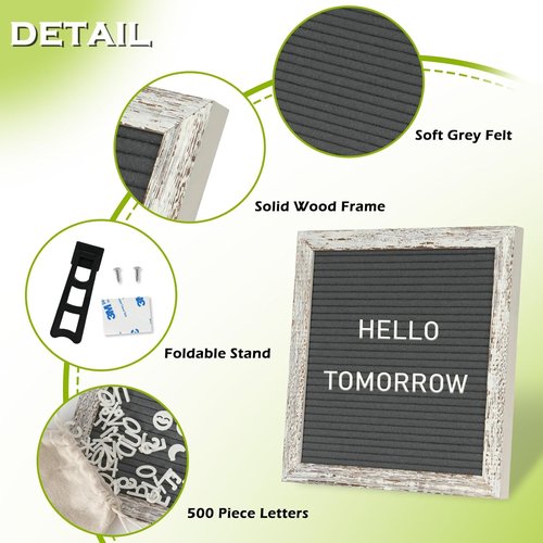 4 THOUGHT Letter Board Sign - 10" x 10" Vintage Grey Felt Message Board with 500 Letters & Stand