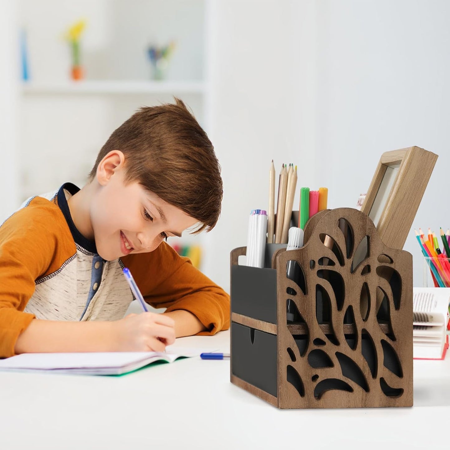 Skiennix Desk Organizer - Stylish Wooden File Holder with Drawer | 5-Slot Mail & Pen Storage for Home & Office