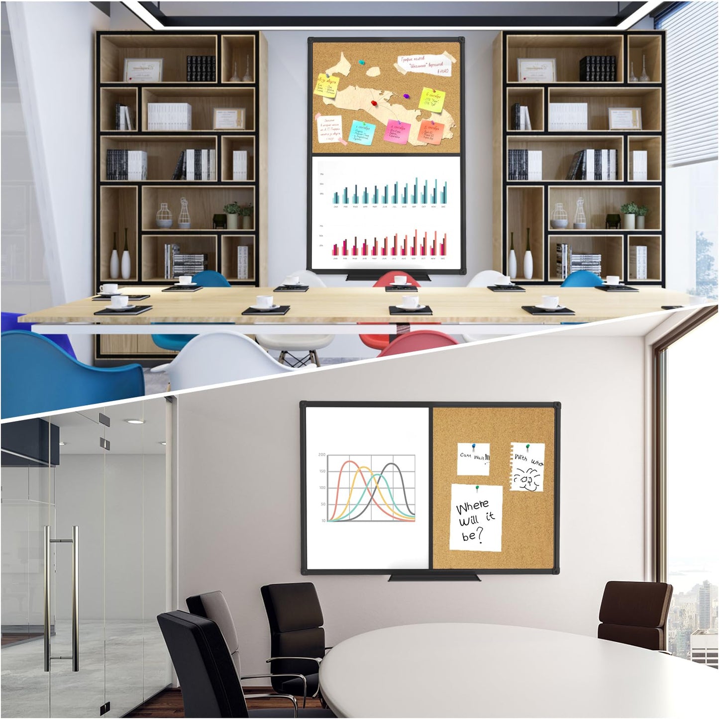 XBoard Magnetic White Board and Cork Board Combo 48" x 36", Black Aluminum Frame