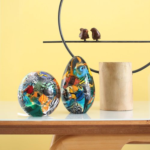 Ca D Oro Big Egg Glass Paperweight Boho with Twisted Colored Canes Hand Blown Murano-Style Art Glass