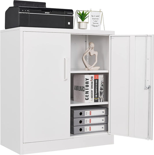 Yizosh Metal Garage Storage Cabinet - Lockable 35.5" Steel File Cabinet with 2 Adjustable Shelves | White