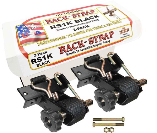 2 Pack, Rack-Strap The Original American Made Ladder Rack Tie-Downs, Right Angle Mounting Bracket, RS1K Black Right Angle Mounting Bracket, Bolt Mounting Hardware Included, 8 Ft Black Strap
