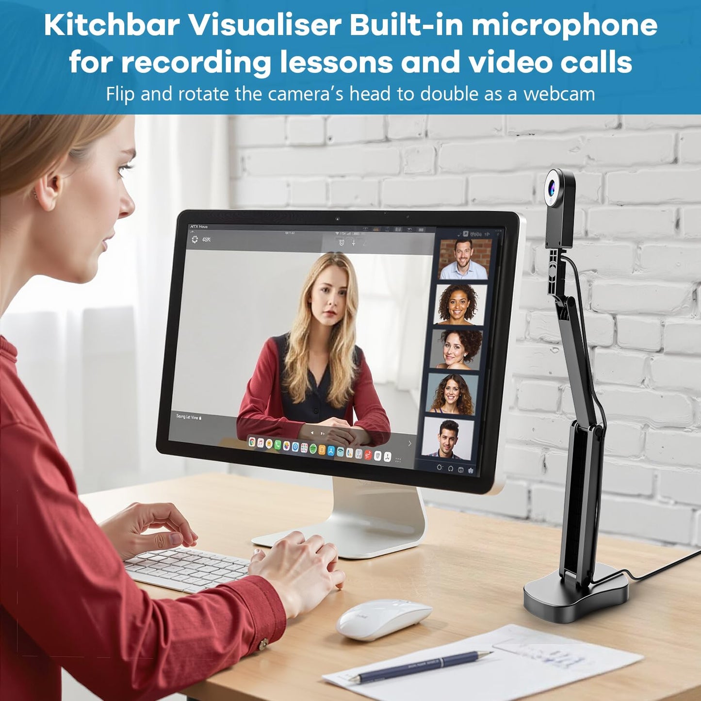Kitchbar 4K USB Document Camera & Webcam for Teachers: 8MP USB with 3-Level LED Light & Mic & Image Invert,Fold, A3 Format for Teaching in Classroom/Distance Learning Educators(Mac/Windows/Chromebook