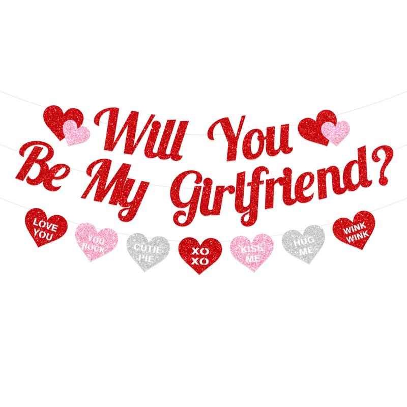 Red Glitter 'WILL YOU BE MY GIRLFRIEND' Proposal Banner with Heart-Shaped Cute Love Message Sign for Romantic Special Night Decorations, Engagements, Proposals, and Valentine's Day Party Supplies