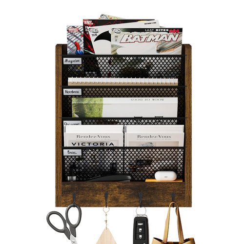 VYUOL Wall File Organizer with 4 Hooks,5 Tier Vertical Hanging Wall Mount File Holder,Desk File Organizer,Desktop Mail Paper Folder Holder Rack with Bottom Tray for Office and Home