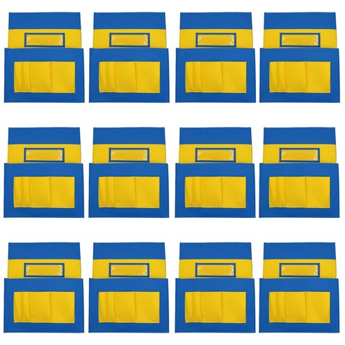 Icegrey 12 Pack Felt Chair Back Pocket School Seat Chair Storage Pocket Organizer with Label Slot Multiple Pockets for School Home Classroom Kindergarten, Blue Yellow