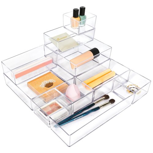 Recogwood Stackable Acrylic Drawer Organizer Set, 11 PCS Multi-Size Storage Bins for Makeup, Office Desk, Bathroom, Vanity and Kitchen Utensils