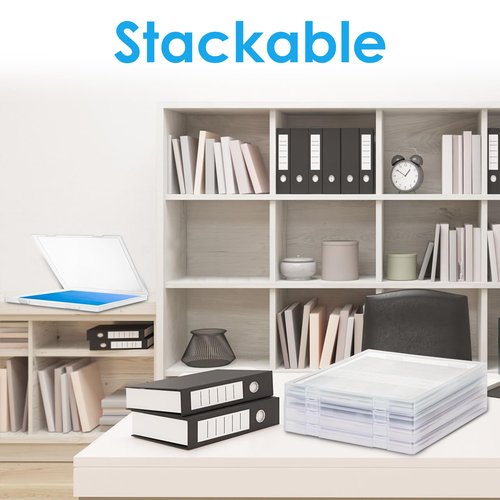 Scrapbook Paper Storage, 4 Pack Stackable Plastic File Storage Box Set, 12"x12"x1.1" Craft Organizer Storage, U-Shaped Locking Mechanism, Ideal for Office, Home, and School Document Organizer