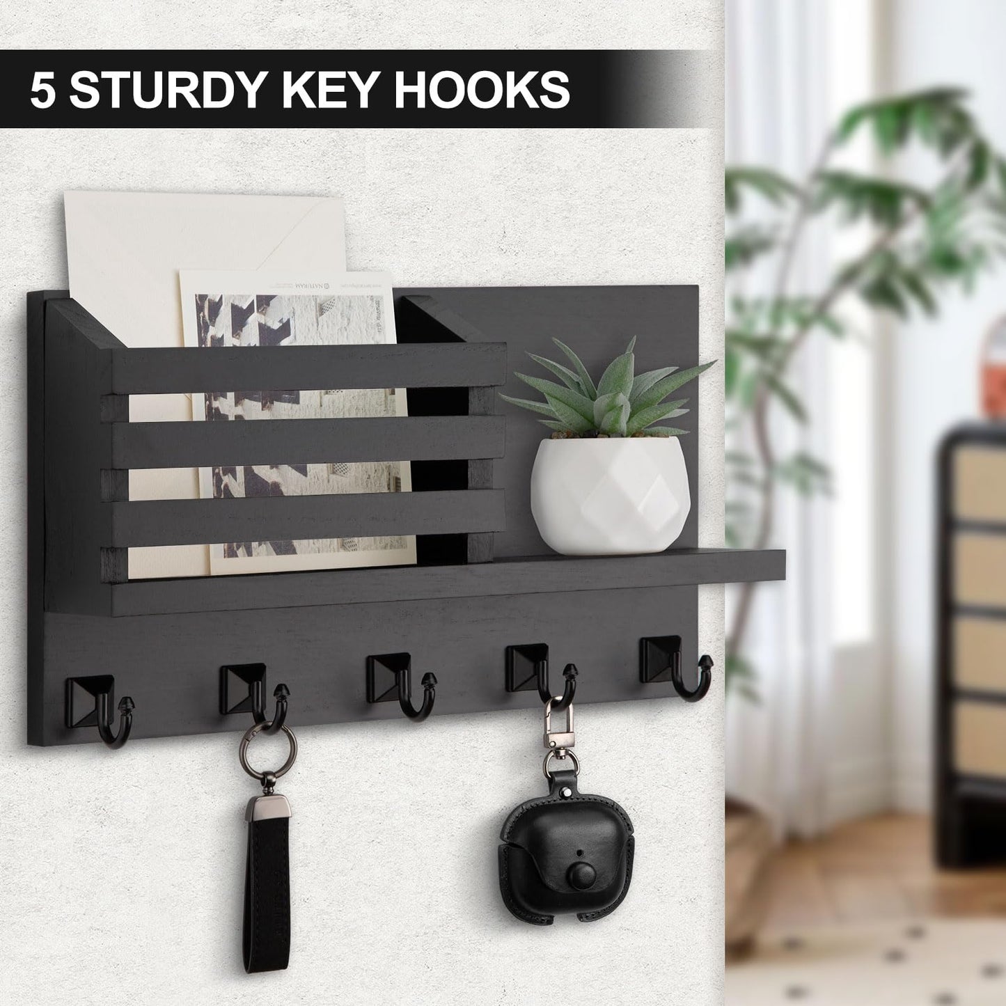 Lucundm Key Holder Wall Mount, Mail Organizer for Wall with 5 Square Rustic Key Hooks Key Shelf Farmhouse Home Decor for Entryway