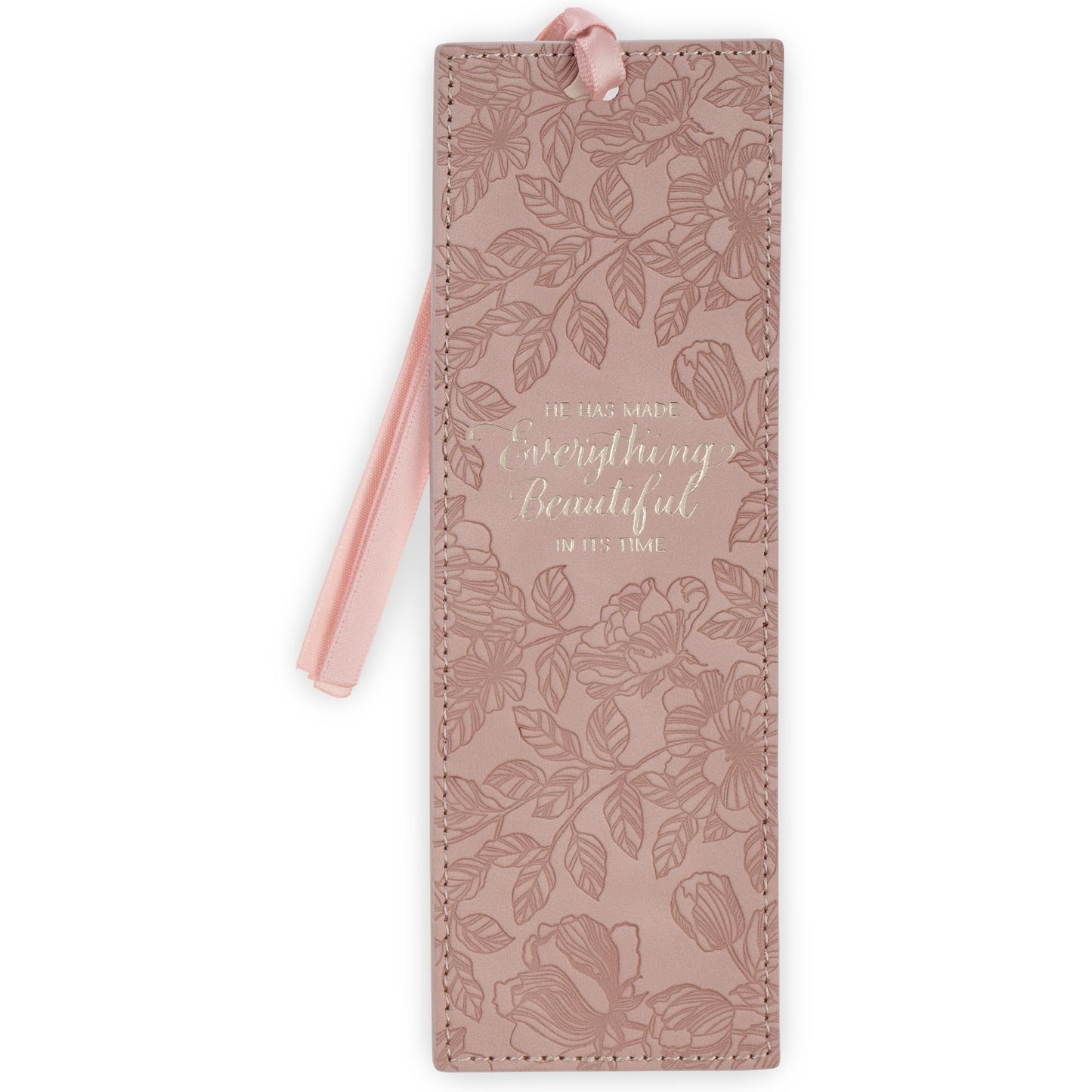 Christian Art Gifts Premium Vegan Leather Motivational Scripture Bookmark for Women: Everything Beautiful Encouraging Bible Verse, Smooth Satin Ribbon, Debossed Floral Reading Accessory, Pastel Pink