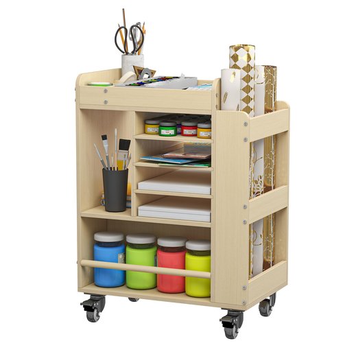 lukar Wooden Art Storage Cart with Wheels, 25.6" Art Supply Storage Organizer Cart, Multi-Functional Rolling Utility Carts for Kid, Arts Activity Carts for Storing A4 Paper, Brushes, Paint