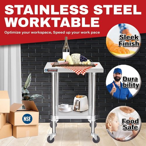 DuraSteel 24x24 NSF Stainless Steel Work Table - Heavy Duty Rolling Prep Cart with Wheels