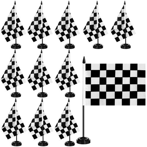 Mindsoft 12 Pcs Black and White Checkered Racing Stick Flag Checkered Flag Sets Mini Racing Office Table Stick with 12" Solid Pole Black Stand Base Decorations for Desk Car Party