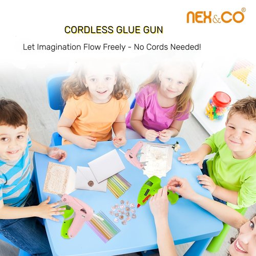 NEX&CO Pink Cordless Hot Glue Gun Kit for Kids, Mini Rechargeable Battery & Anti-Drip, Auto Power-Off & Lightweight w/ 30 pack 7mm Rainbow Glue Sticks, Child-Safe for Classroom Crafts, Art Projects
