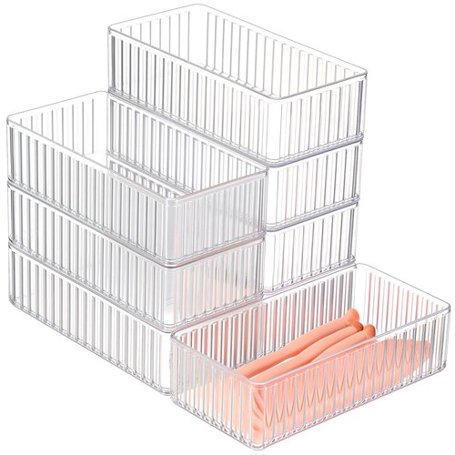 Teenyyou 8 Pcs Clear Drawer Organizers Bins Stackable Makeup and Vanity Organizer Trays Clear Plastic Drawer Organizers Set for Office Desk Dividers (6.3 x 3.15 x 1.8 Inches)
