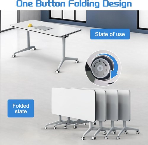 Movable Folding Conference Table - Modern Rectangular Design with Wheels | White, 47.2in for Office & Training Rooms