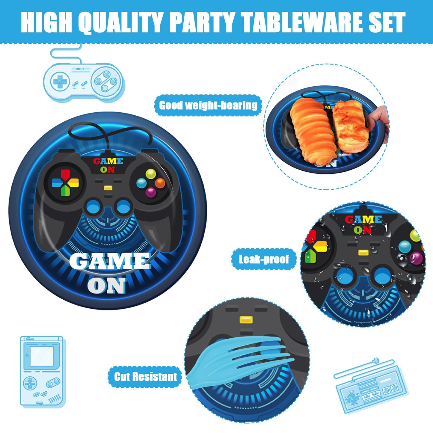 gisgfim 200 Pcs Video Game Party Favors Supplies Paper Plates and Napkins Gaming Birthday Party Decorations for Gaming Serves 50