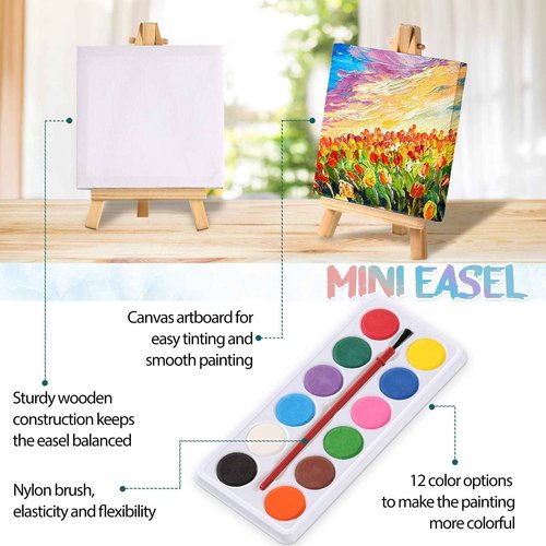 Teling 24 Set Mini Canvas Easel Set 4 x 4 Inch Art Canvases Painting Kit for Kids Birthday Gifts Art Party Supplies Gifts