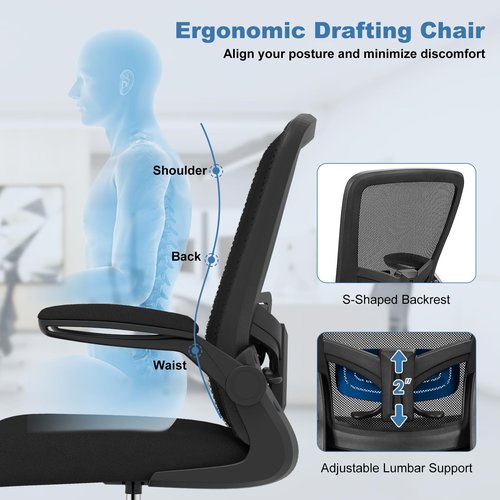 POWERSTONE Drafting Chair - Ergonomic Tall Office Chair for Standing Desk with 3IN Thick Cushion, Flip-up Arm, Adjustable Back Support & Footrest Workbench Rolling Stool Computer Chairs (Black 1 pcs)